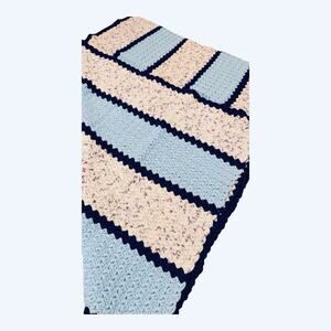 Vintage Handmade Crochet Afghan Throw Blanket Blue White Navy Shell Stitch 38x28